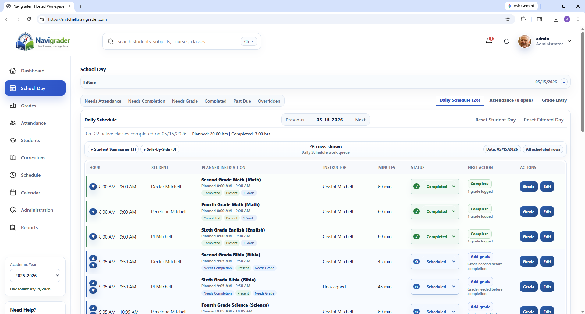 Navigrader School Day daily schedule workflow