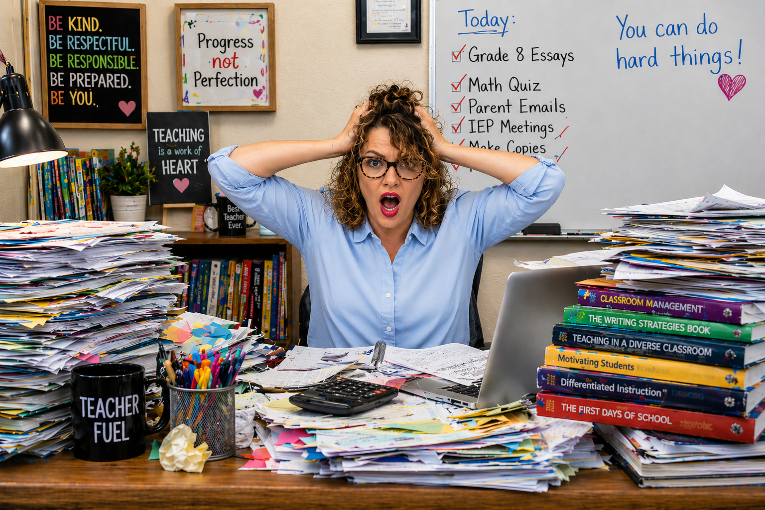 Overwhelmed teacher surrounded by paperwork and classroom reports